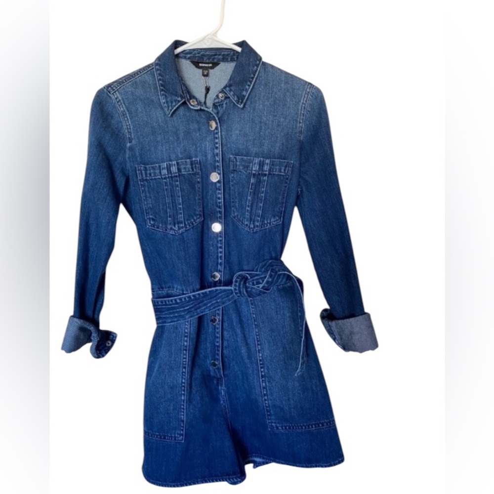 Express Denim Shirt Romper in Dark Blue